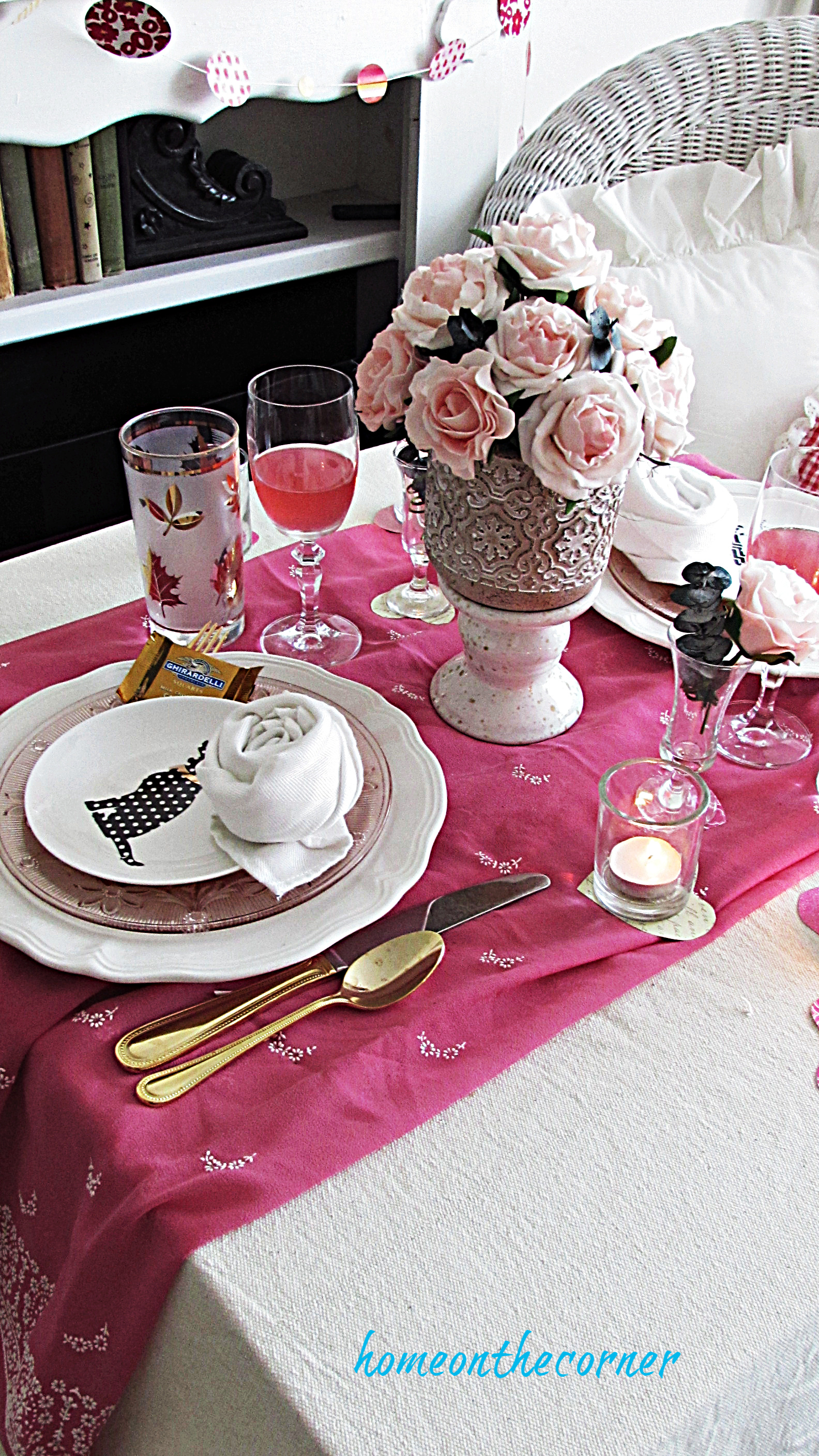 valentine tablescape pink, white and gold