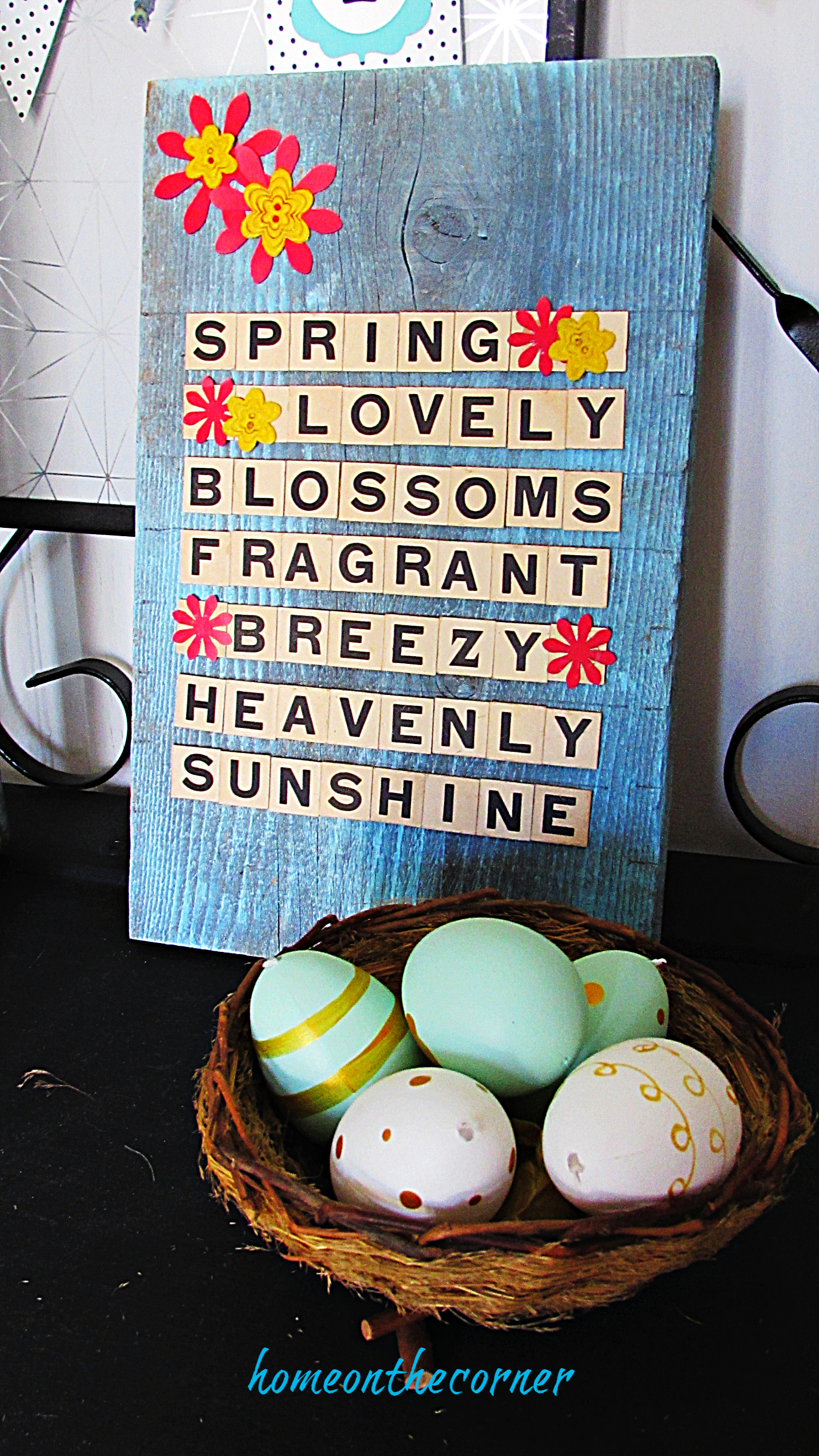 scrabble letters spring lovely blossoms