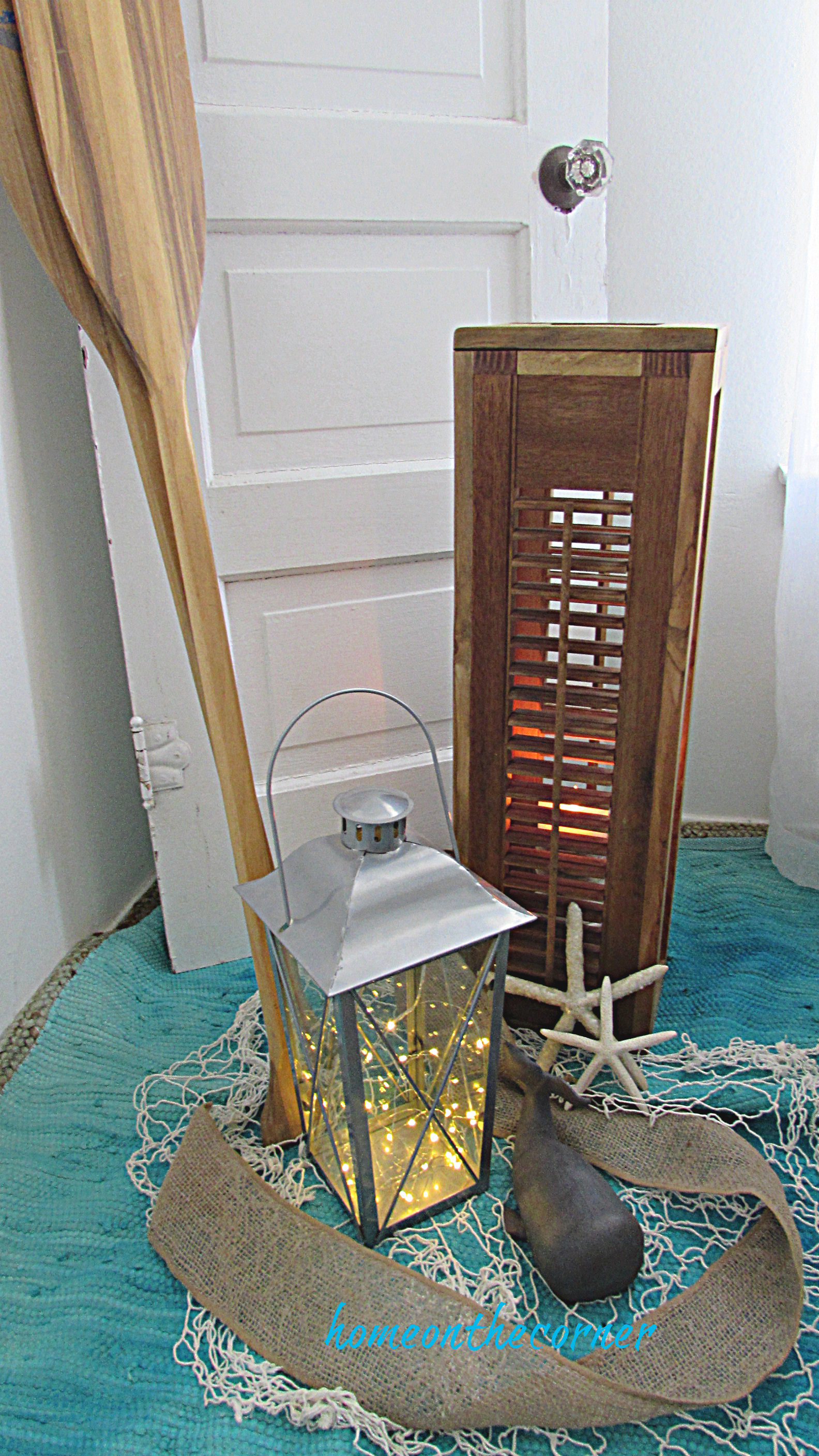 shutter lantern coastal vignette diy