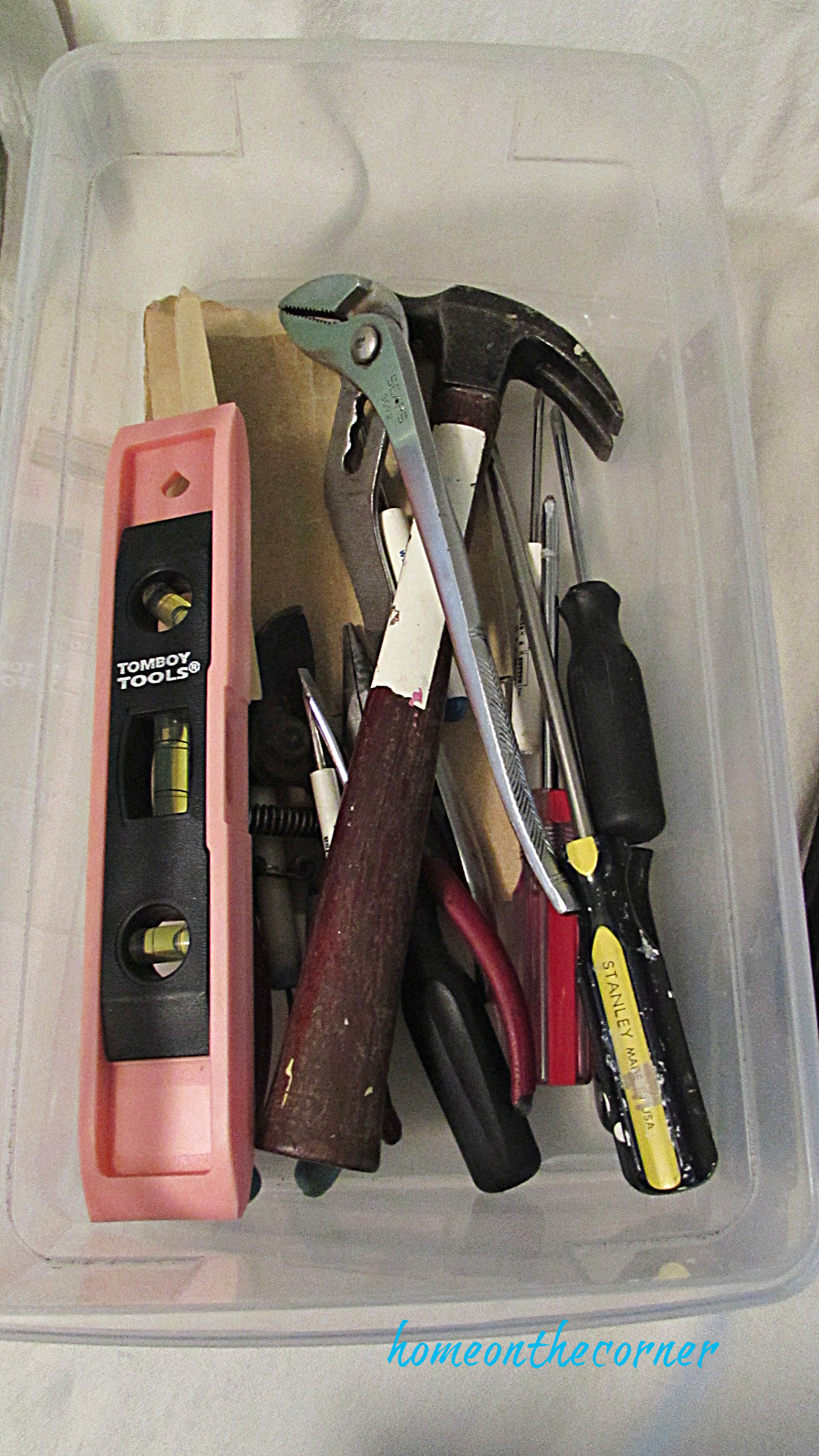 laundry room organization plastic bin tools