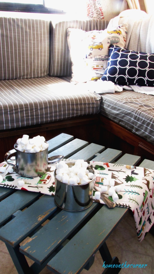 rv makeover small table with hot cocoa and marshmallows