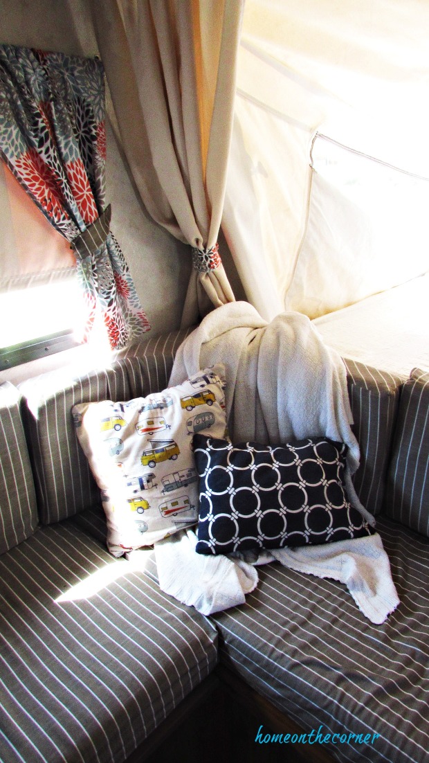 rv makeover striped cushions, trailer pillow