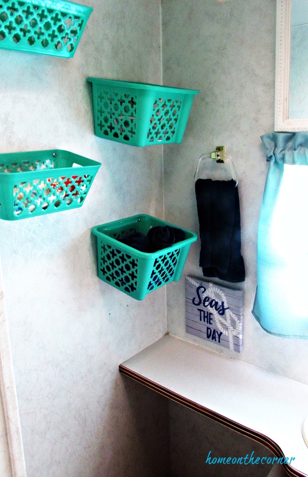 rv makeover turquoise baskets