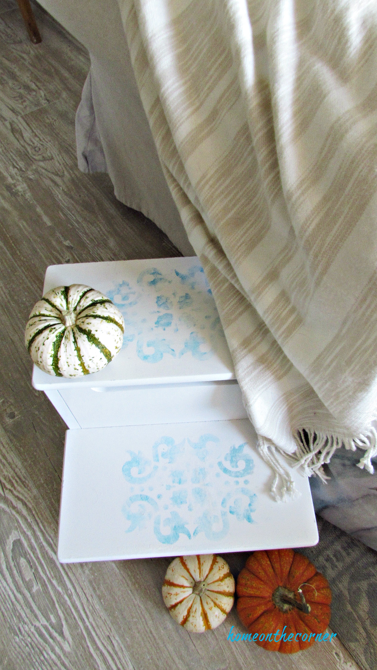 step stool makeover striped pumpkins turquoise