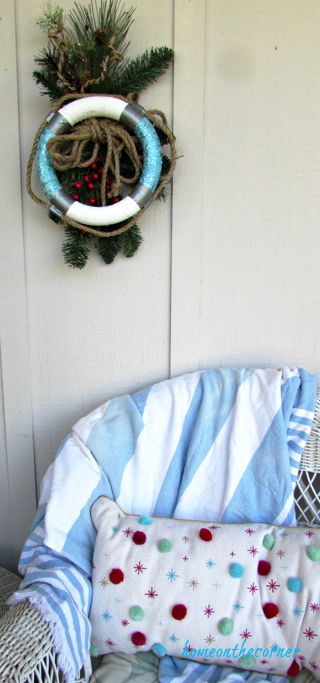 christmas wreath coastal buoy, throw and pillow