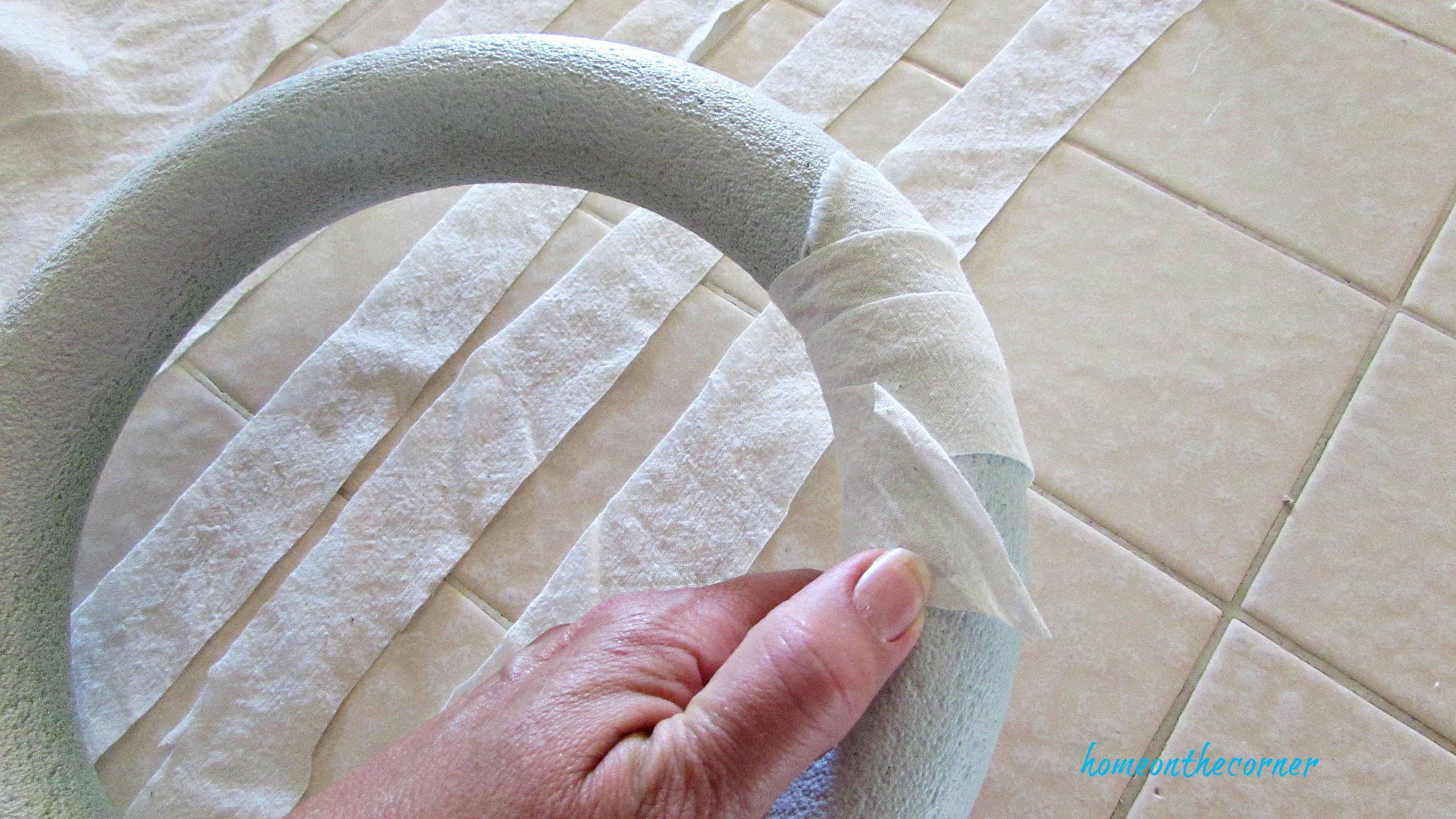 christmas wreath muslin strips wrapped around foam form