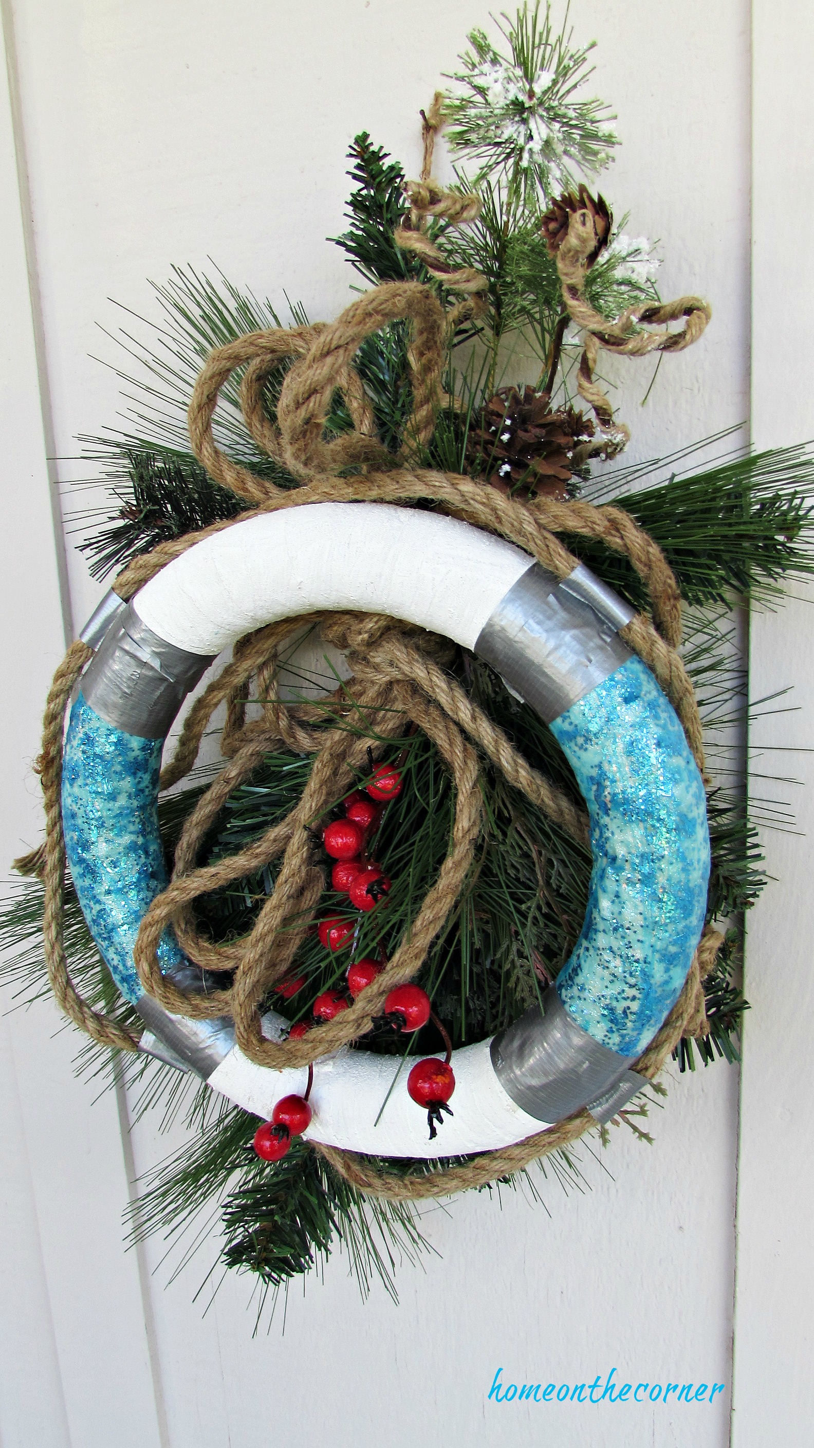 christmas wreath turquoise buoy with greens